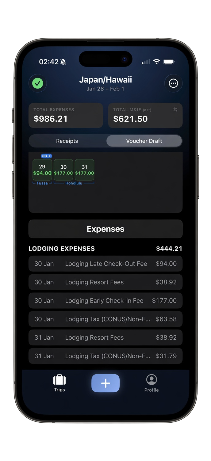 Expense list view in the app